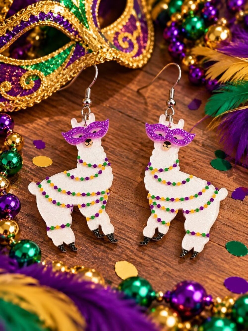 Llama Mask Mardi Gras Earrings Glitter White Purple Colorful Beaded Dangle Hook